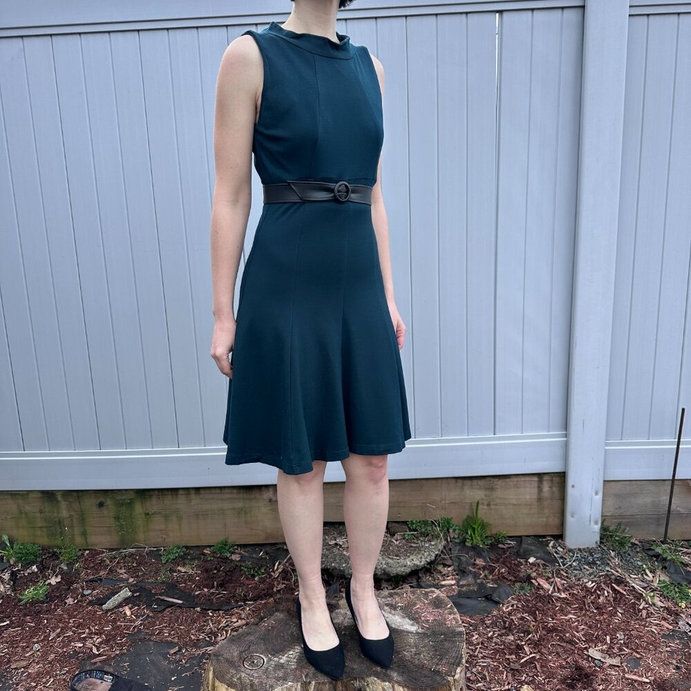 Cue Jewel-Tone Dark Teal Fit & Flare Dress with Sculptural Neckline, Size 8
